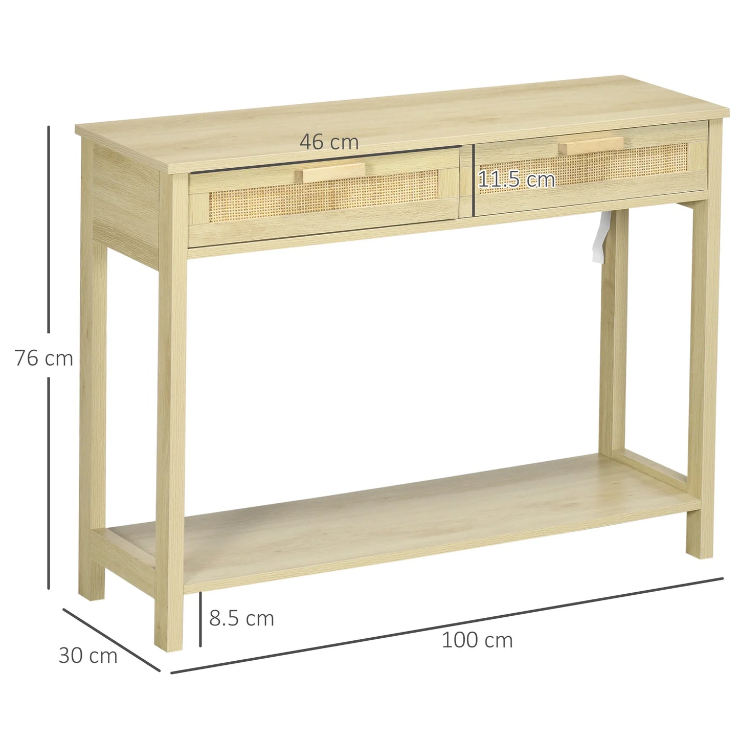 HOMCOM Konsolentisch Flurtisch mit 2 Schubladen Rattanoberfläche und unterem Regal für Flur Wohnzimmer Schlafzimmer Rustikaler Stil 100x30x76 cm Natur