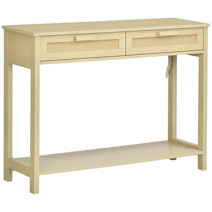 HOMCOM Konsolentisch Flurtisch mit 2 Schubladen Rattanoberfläche und unterem Regal für Flur Wohnzimmer Schlafzimmer Rustikaler Stil 100x30x76 cm Natur