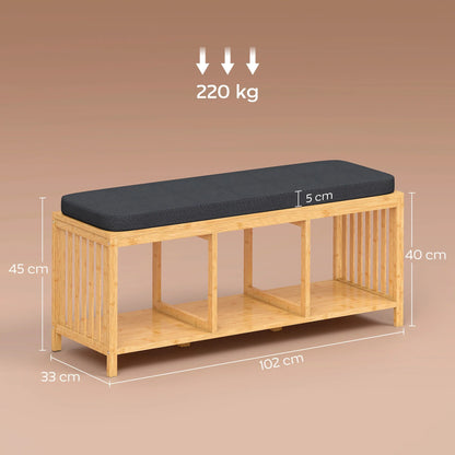 HOMCOM Bambus-Schuhbank mit gepolstertem Sitz und offener Ablage für Flur & Eingangsbereich, 102 x 33 x 45 cm, Naturholz