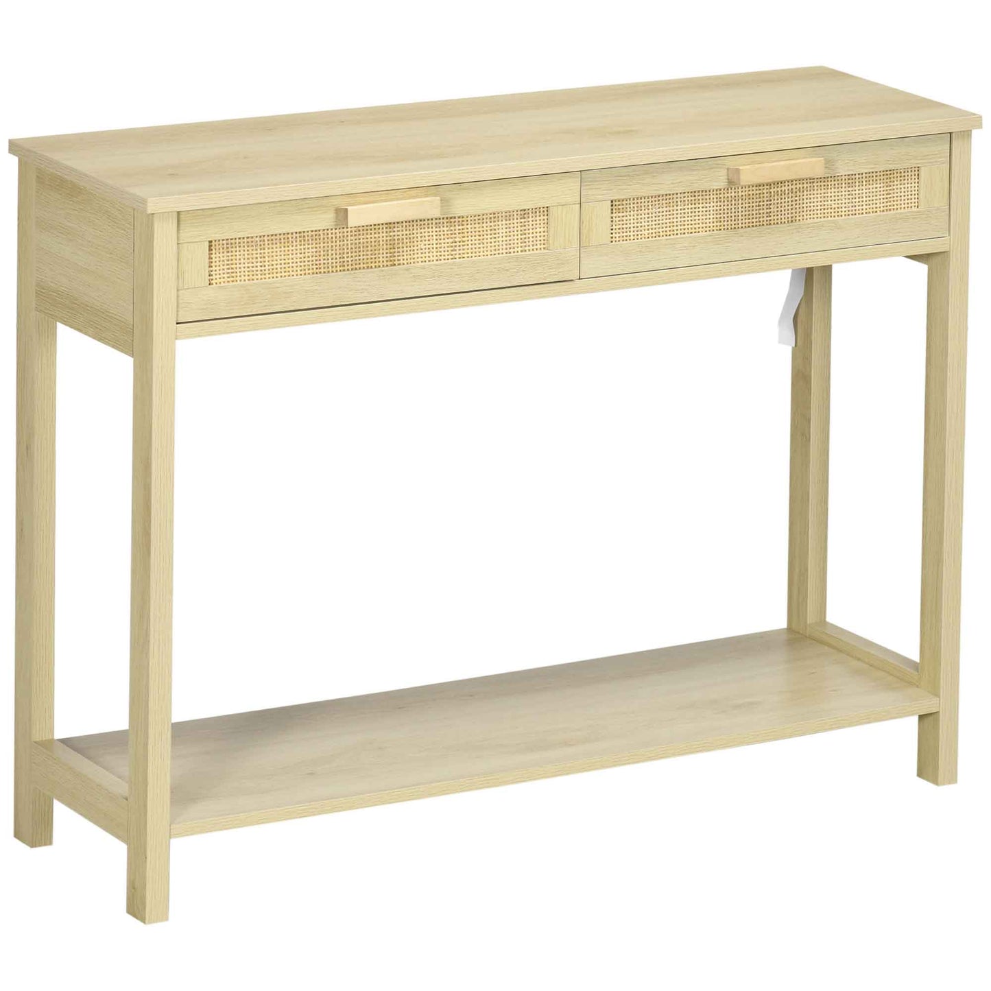 HOMCOM Konsolentisch Flurtisch mit 2 Schubladen Rattanoberfläche und unterem Regal für Flur Wohnzimmer Schlafzimmer Rustikaler Stil 100x30x76 cm Natur