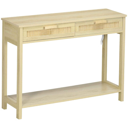 HOMCOM Konsolentisch Flurtisch mit 2 Schubladen Rattanoberfläche und unterem Regal für Flur Wohnzimmer Schlafzimmer Rustikaler Stil 100x30x76 cm Natur