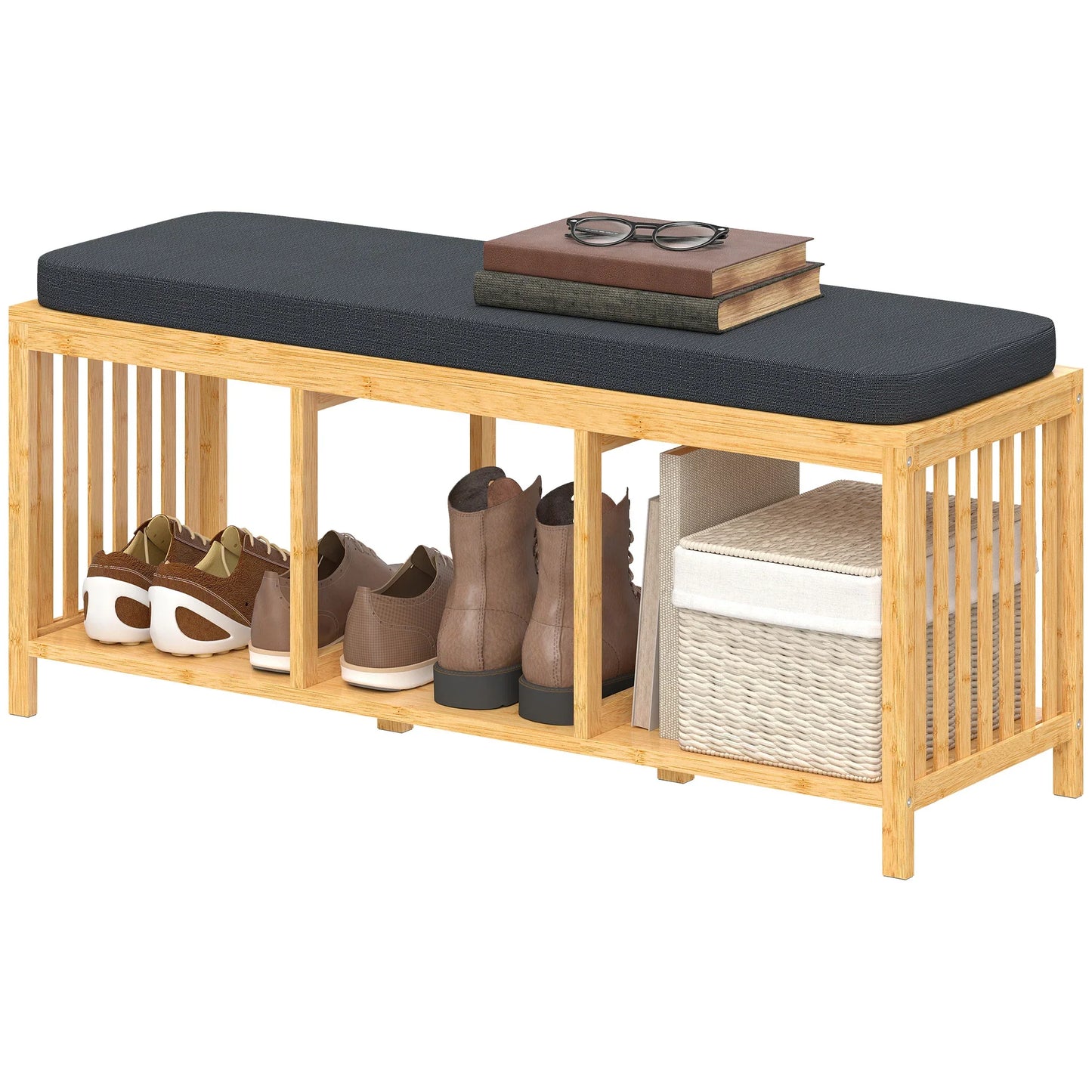 HOMCOM Bambus-Schuhbank mit gepolstertem Sitz und offener Ablage für Flur & Eingangsbereich, 102 x 33 x 45 cm, Naturholz