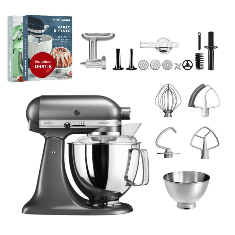 KitchenAid 4,8 L 5KSM175 Artisan Küchenmaschine Meatlover mit Ganzmetall- Fleischwolf und Spritzgebäckvorsatz